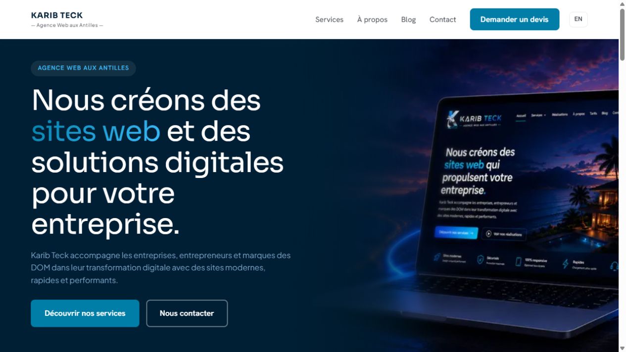 Vue complète de la page d’accueil KaribTeck